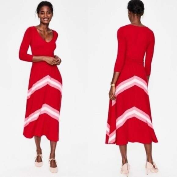 Boden Juliet Jersey Dress Poinsettia Red with Pink & White Chevron Stripes - Picture 1 of 7